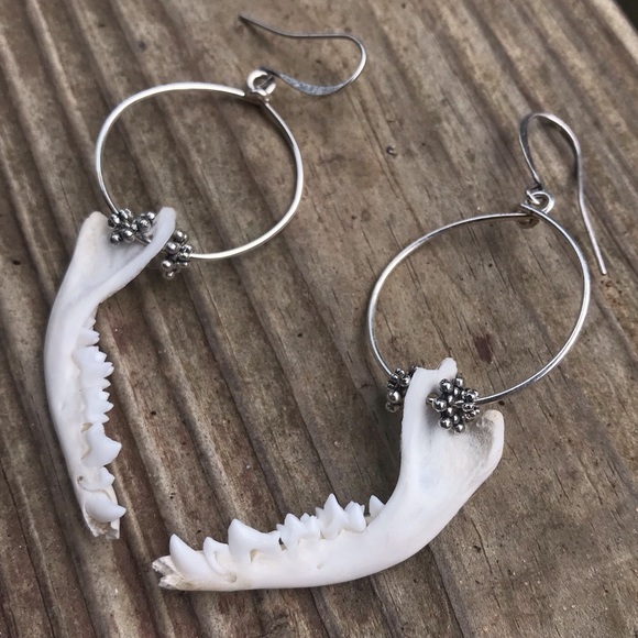 Hand Crafted Jewelry - Opposum mandible bone & silver hoop earrings